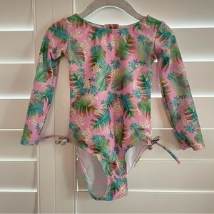 Flap Happy Tropical Palm Leaf Print One Piece Swimsuit Pink Green Size 2T